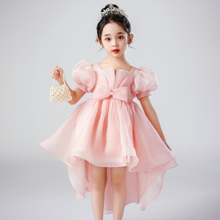 女童礼服公主裙拖尾2024夏季粉色洋装小女孩六一儿童演出服