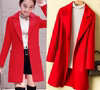 韩版新女春秋冬装大红色长袖暗扣，中长款翻领西装，毛呢大衣风衣外套
