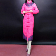新中式羽绒服定制过年原创中国风冬季过膝长款修身显瘦玫红色
