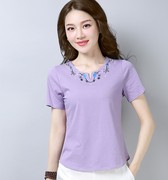 浅紫色纯棉短袖t恤女士上衣宽松洋气2024夏中年(夏中年，)妈妈减龄大码体恤