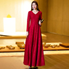 红色连衣裙秋款女装2023气质V领修身显瘦优雅大气到脚踝长裙