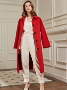 绒绒家高端米白色双面呢大衣女士，单排扣系带红色全羊绒中长款外套