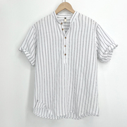 亚麻t恤男士短袖衬衫夏季日系色织条纹立领衬衣大码棉麻上衣男装