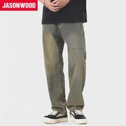 Jasonwood/坚持我的美式复古水洗泥黄牛仔裤设计感小众宽松长裤男