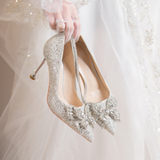新娘鞋仙女风细跟高跟鞋银色，水钻秀禾主婚纱，两穿送人浅口订婚单鞋
