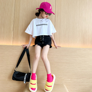 女童宽松短袖T恤短款2024夏装韩版洋气高腰短裤时髦洋气套装