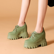 12CM超厚底高跟坡跟女鞋春季真皮绿色单鞋小个子内增高松糕鞋