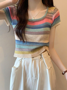 韩国彩虹条纹方领短袖，t恤女正肩夏季2024年薄款冰丝针织短款