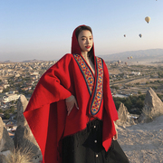 民族风连帽披风开叉斗篷披肩，两用加厚红色旅游保暖围巾女冬天西藏