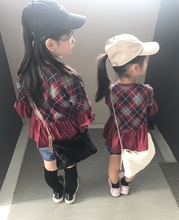 超美日本br家，女童菱格喇叭袖裙摆，上衣两色入