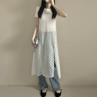 韩国chic夏季宽松叠穿蕾丝提花吊带裙中长款白色侧开叉透视连衣裙