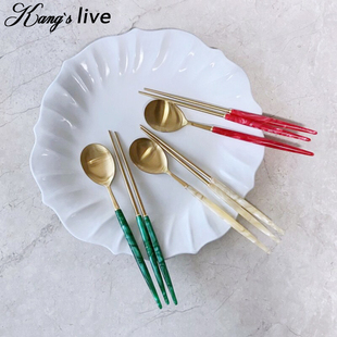韩国进口SMF18-10不锈钢金色电镀钛合金韩式勺子筷子空心筷子