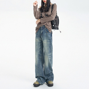 hey+jeans美式腰设计感复古怀旧牛仔裤，女春秋宽松显瘦直筒