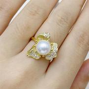 S925银珍珠戒指淡水珍珠高品质8-9mm圆光滑珍珠戒指母亲节礼物