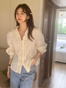 PPSHD复古蕾丝边拼接牛仔衬衫韩系温柔气质甜美V领开衫长袖上衣