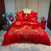 婚庆大红80支贡缎提花四六件套结婚全棉，被套纯棉床单1.8床上用品
