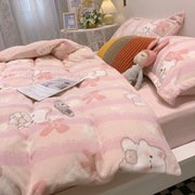 冬季加厚保暖粉色卡通牛奶绒四件套珊瑚绒法莱绒双人被套床上用品