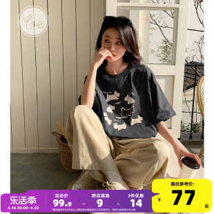 yoe短袖t恤女上衣，深灰色oversize2024年，夏季女款小狗印花休闲