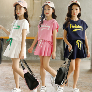 女童运动套装夏季纯棉，时尚中大儿童演出服，母女亲子姐妹装洋气套裙