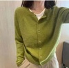 羊绒开衫女100%纯山羊绒，圆领针织毛衣外套气质牛油果绿色羊毛衫