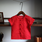 儿童夏季短袖T恤手工制作纯y亚麻大红色父子装男童生日中国风礼服