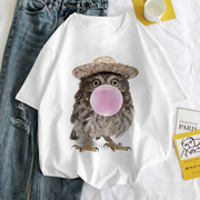 女T恤短袖卡通猫头鹰吹泡泡动物T恤设计感圆领白色打底体恤衫
