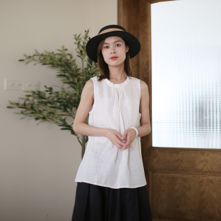 2024新款上衣女夏季圆领文艺白色亚麻无袖衬衣百搭宽松小清新衬衫