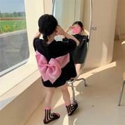 女童宽松短袖T恤裙 2024夏季设计感蝴蝶结连衣裙宝宝韩版直筒裙子