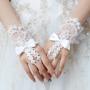 新娘婚纱手套白色蕾丝蝴蝶结婚手套婚庆婚礼，手套短款大码绑带手套