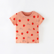 女童宝宝t恤短袖2024春夏，儿童纯棉田园草莓满印半袖体恤上衣