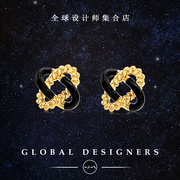 一撇一捺时尚中国结耳钉女K金耳针黑色耳环黑金色缠绕独立设计师