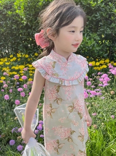 新中式甜美民国风纯棉旗袍裙女童夏装连衣裙圆领叠片花边