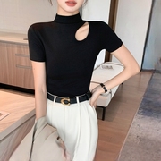 黑色半高领短袖t恤女夏季修身设计感镂空性感半袖上衣潮螺纹