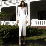 白色长袖深v领镂空修身性感派对连衣裙，herveleger绷带长裙礼服