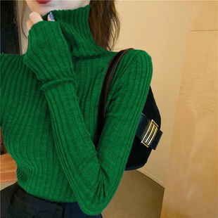 欧洲站秋冬修身堆堆领针织打底衫女羊毛高领洋气内搭紧身绿色上衣