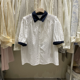 衬衫女设计感夏小清新撞色抽褶竖条纹减龄洋气雪纺衫tt249082