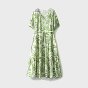 法式桑蚕丝双绉复古绿色树叶，v领连肩袖系带，收腰真丝优雅连衣裙