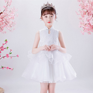 女童婚纱礼服蓬蓬网纱裙子，连衣裙款表演公主，白色晚礼服儿童礼服