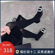 潮牌方扣水钻高跟鞋女真丝绸缎面平底单鞋浅口中跟方头女鞋粗跟