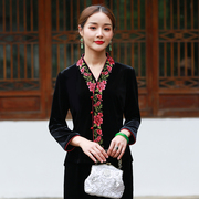 韩国绒唐装女士春秋改良日常大码妈妈中式中国风，绣花旗袍上衣