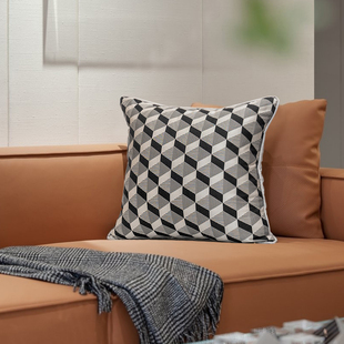 现代样板间客厅沙发抱枕黑灰色棱形几何刺绣腰枕别墅会所靠垫靠包