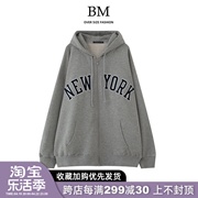 bmfashion美式复古开衫拉链连帽宽松bm卫衣女纽约字母贴布外套潮