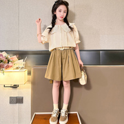 女童夏季套装，2024韩版娃娃领两件套洋气百搭女大童短裤套装
