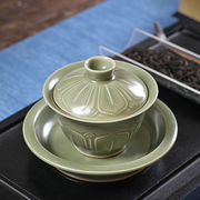 青瓷三才盖碗茶杯越窑手工陶瓷单个泡茶大号功夫茶具中式复古家用