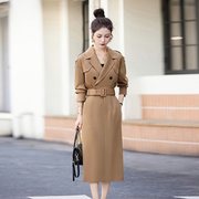 秋季韩版时尚收腰长款气质设计腰带纯色黑色长袖中长裙连衣裙