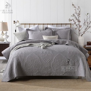 美式素色绣花纯棉床上用品三件套跨境水洗加厚床单床盖式纯色