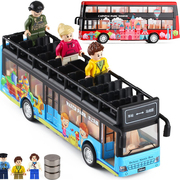 警察大巴士客车敞篷，双层城市公交电车仿真合金，开门小汽车模型玩具