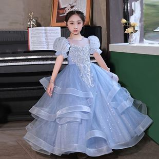 女童礼服蓝色公主裙高级感小女孩生日儿童高端钢琴演出服主持人冬