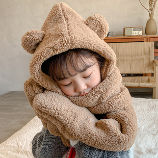 小熊帽子围巾一体三件套 加厚儿童保暖帽