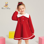 女宝宝长袖连衣裙春秋款幼儿园小童女孩红色裙子女童公主裙儿童装